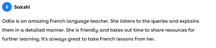 Screenshot of a text review praising Odile, a French language teacher, for her friendly manner and resource sharing.