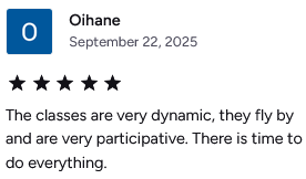 A review of Oihane dated September 22, 2025, with a five-star rating and a comment praising the dynamic, participative classes.