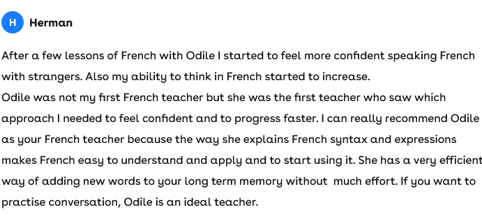 Screenshot of a text review praising Odile as an effective French teacher, highlighting her explanations and teaching methods.