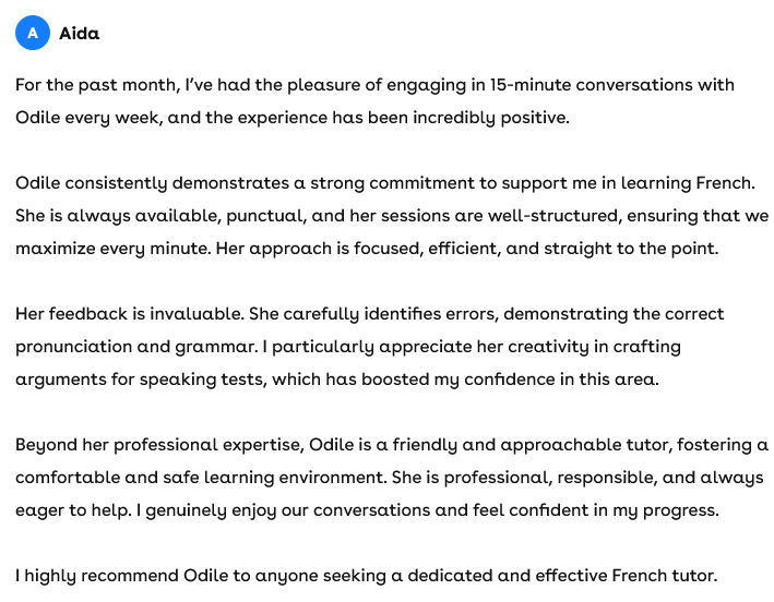 Testimonial letter praising Odile's French tutoring services, highlighting her professionalism, dedication, and positive impact on learning.