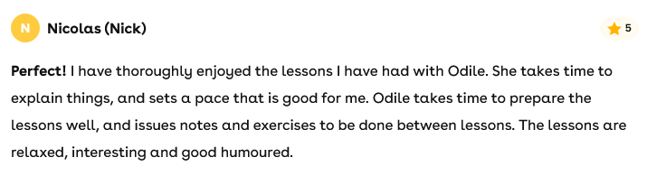 Screenshot of a positive review by Nicolas (Nick) about Odile, rating 5 stars, praising her teaching style and lesson preparation.