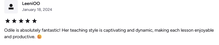 Screenshot of a 5-star positive review of Odile, praising her teaching style as captivating, dynamic, and enjoyable.