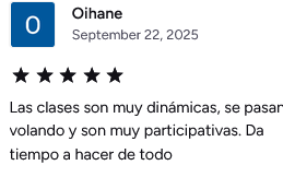 Review by Oihane praising dynamic, engaging, and participative classes, mentioning the passing of time.