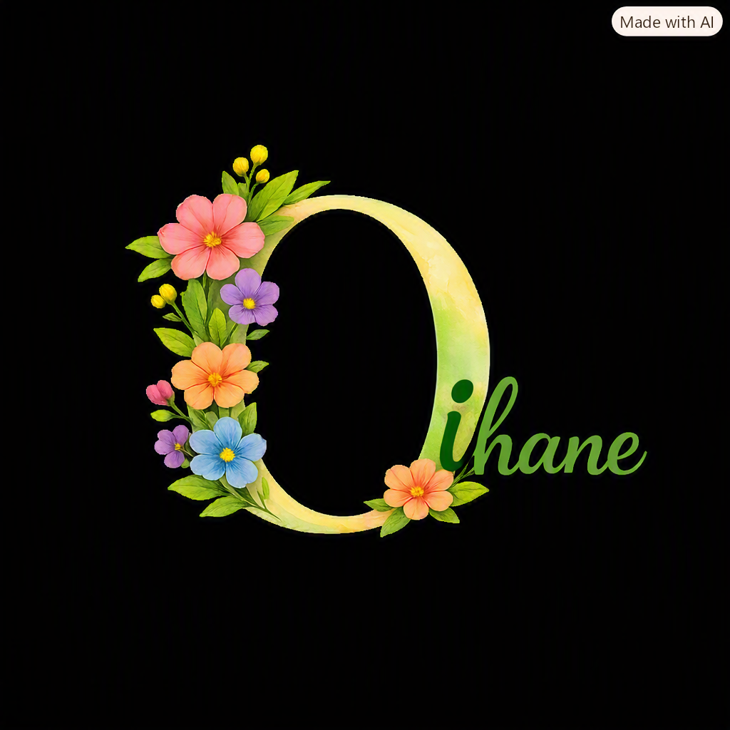A decorative pattern representing a student's name written in green cursive next to it, on a black background.