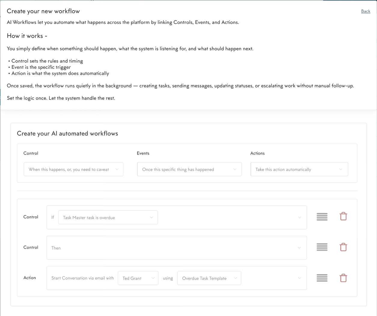 Screenshot of a software interface for creating AI automated workflows with sections for control, events, and actions, including dropdown menus, icons for editing and deleting, and descriptive text.