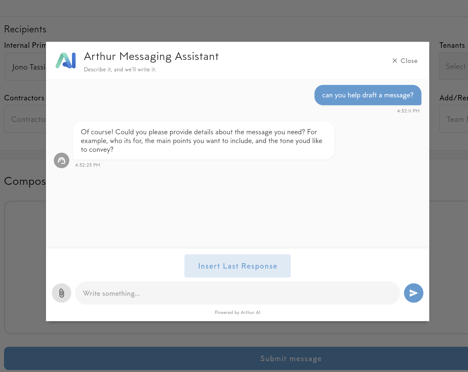 Screenshot of a chat window with Arthur Messaging Assistant, showing a conversation where a user asks for help drafting a message and the assistant responds with questions for more details.
