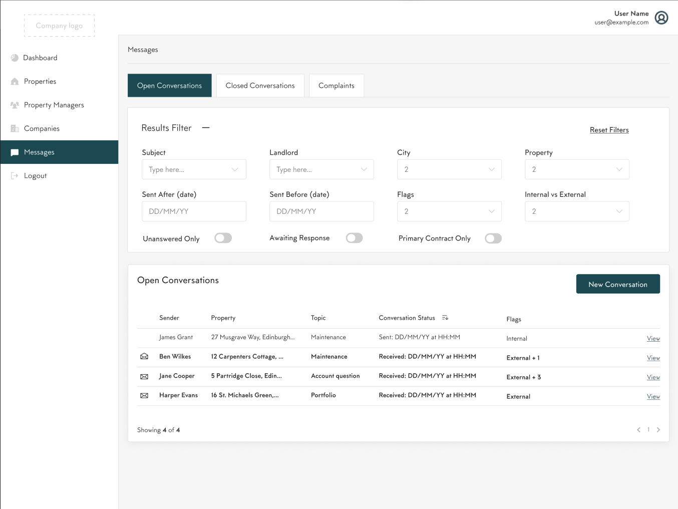 Screenshot of a property management software interface displaying the 'Messages' section with tabs for Open Conversations, Closed Conversations, and Complaints. It features a filter panel with options for filtering messages by Subject, Landlord, City, Property, Dates, Flags, and more. Below is a list of open conversations showing details like Sender, Property, Topic, Conversation Status, and Flags. There's also a button for starting a New Conversation.