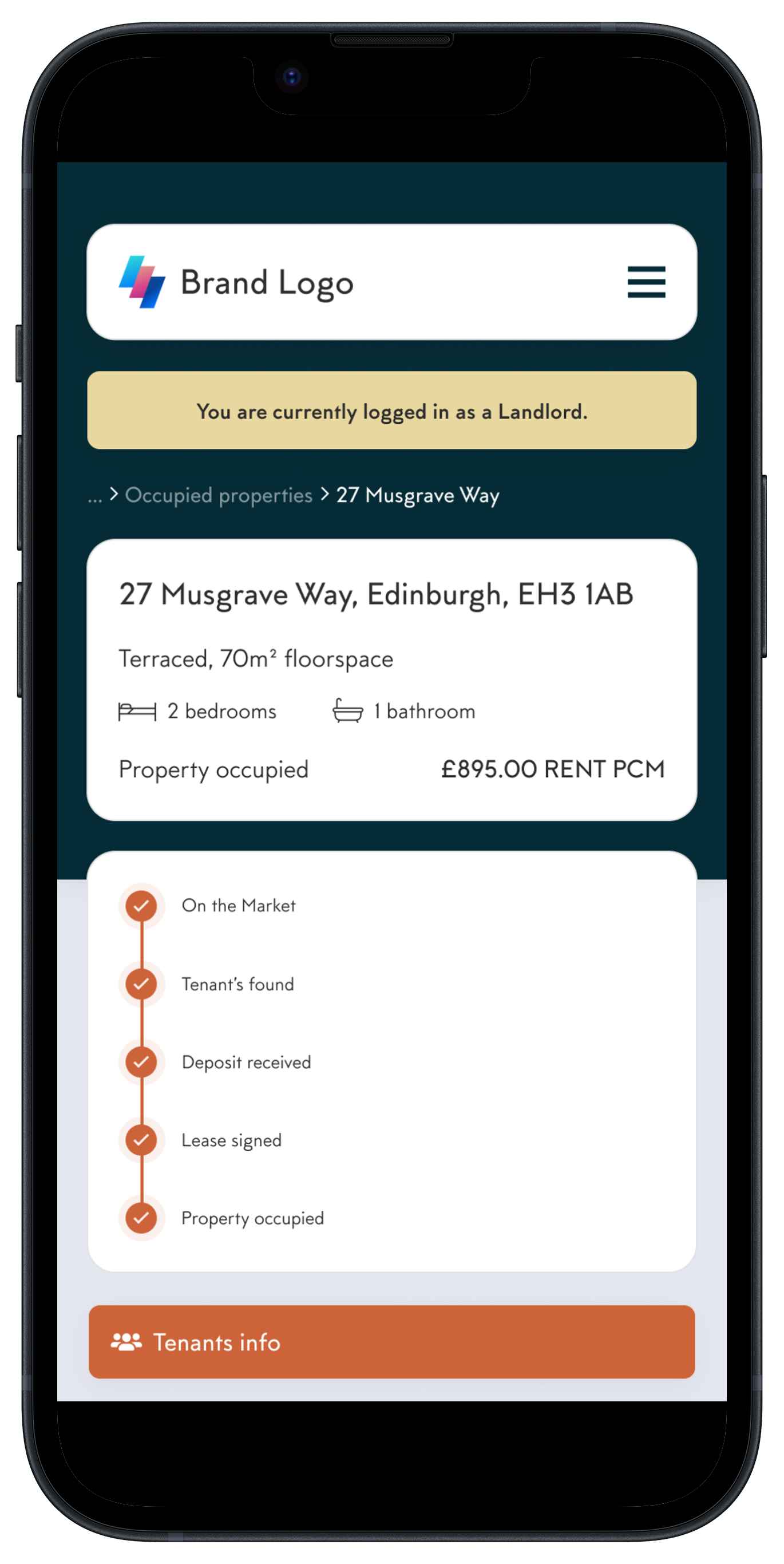 Mobile interface displaying rental property details for 27 Musgrave Way, Edinburgh, including features like 2 bedrooms, 1 bathroom, and a rent of £895 PCM. Status shows property is occupied. Includes a progress bar with steps completed and a button labeled 'Tenants info.'