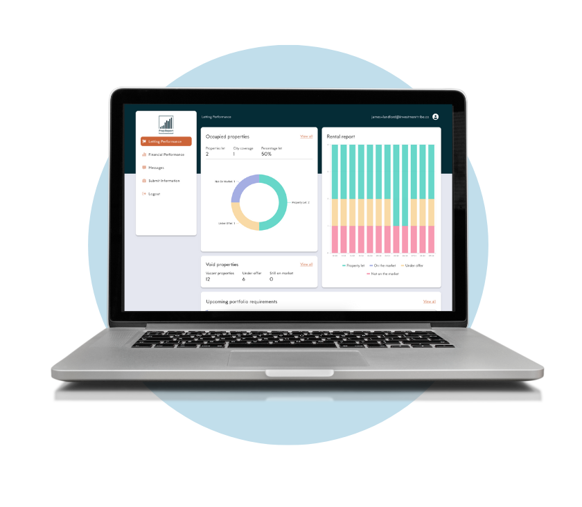 Laptop displaying a real estate management dashboard with graphs and charts