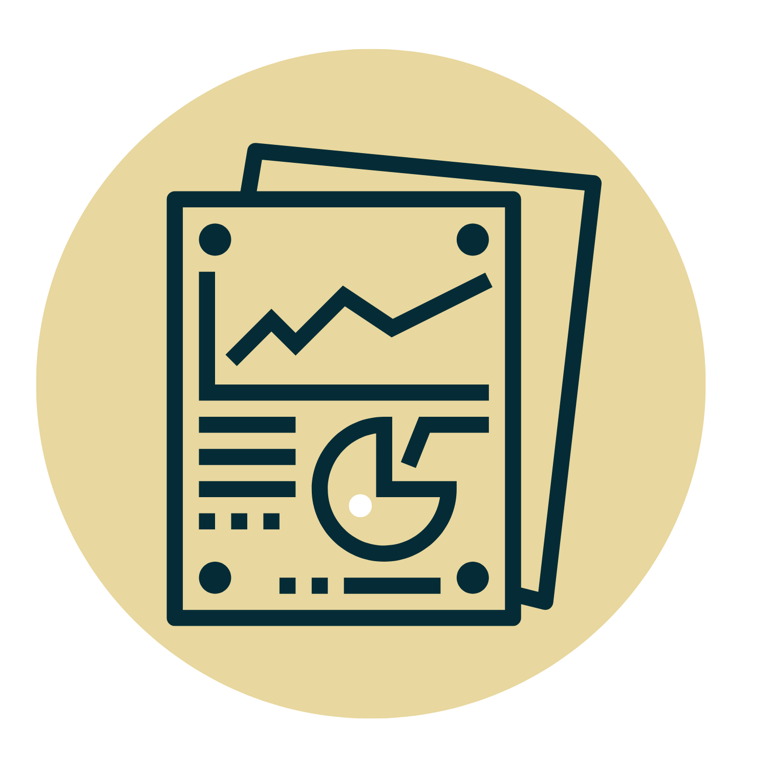 Icon of two documents with charts, including a line graph and pie chart, on a beige circular background.