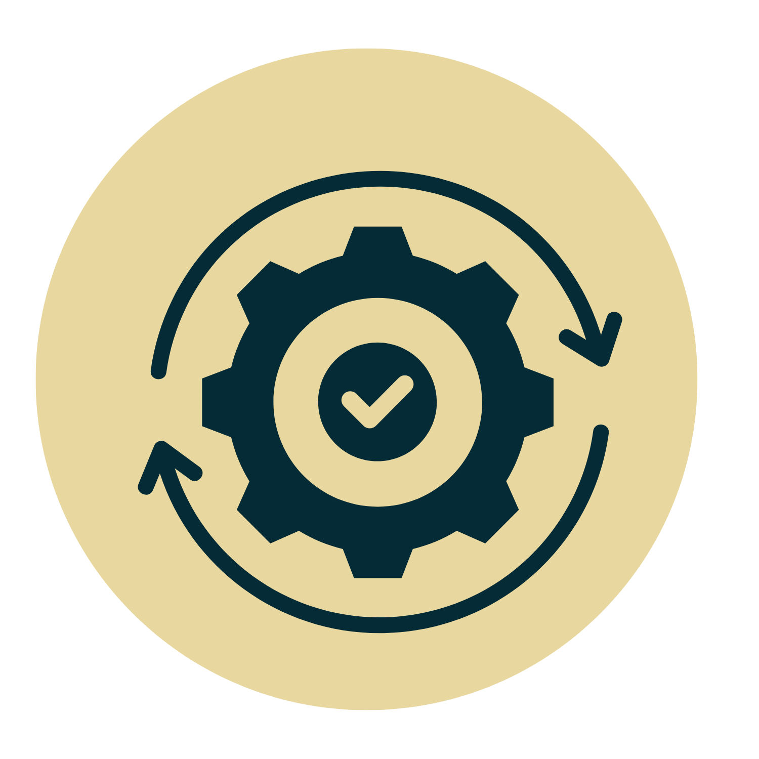 Gear icon with a check mark inside and circular arrows around it, symbolizing process optimization or efficiency.