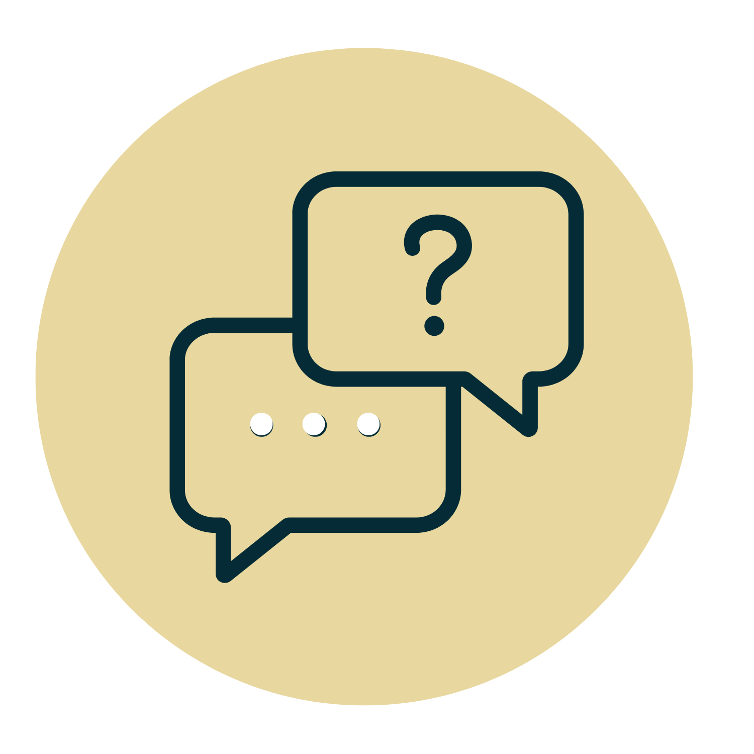 Two speech bubbles, one with a question mark and the other with three dots, on a beige background.