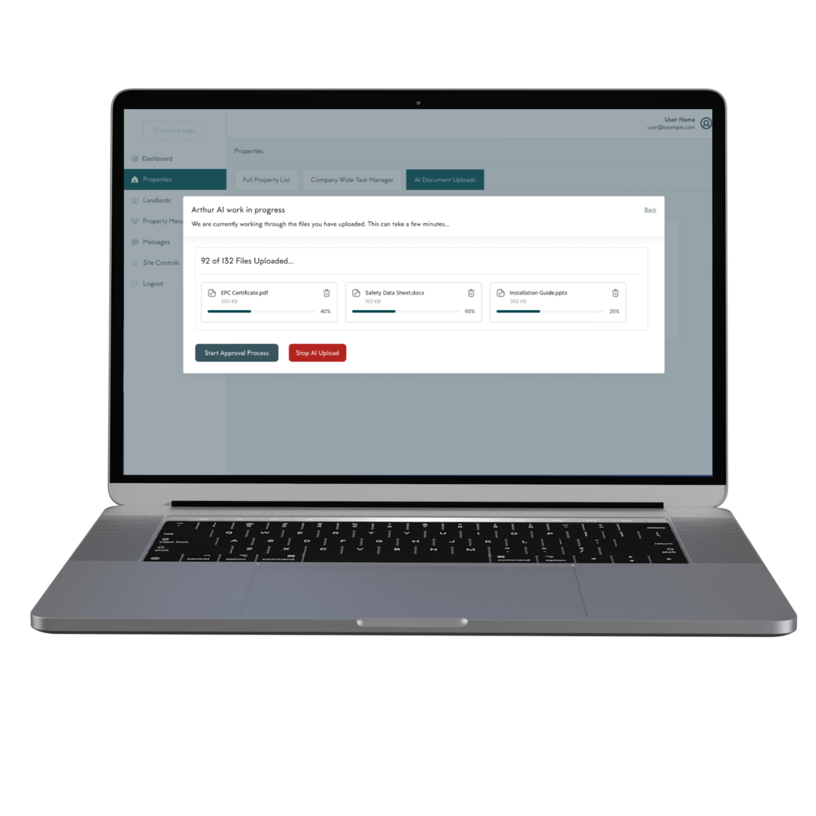Laptop with software interface showing AI document upload progress, including file names and progress bars.