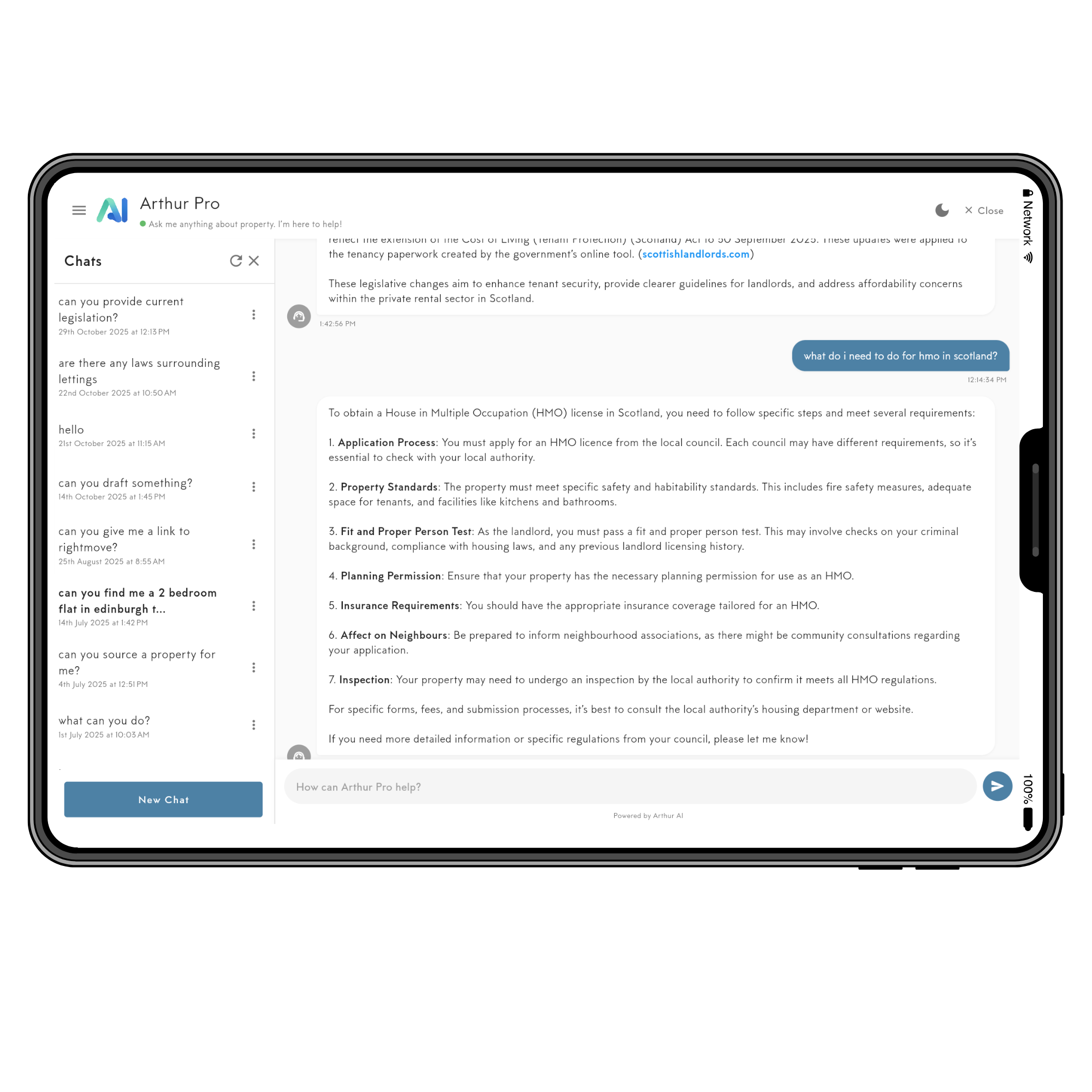 Screenshot of an AI chat interface with a conversation about obtaining a property license in Scotland, showing messages from the AI and user, with a list of chat topics on the left side.