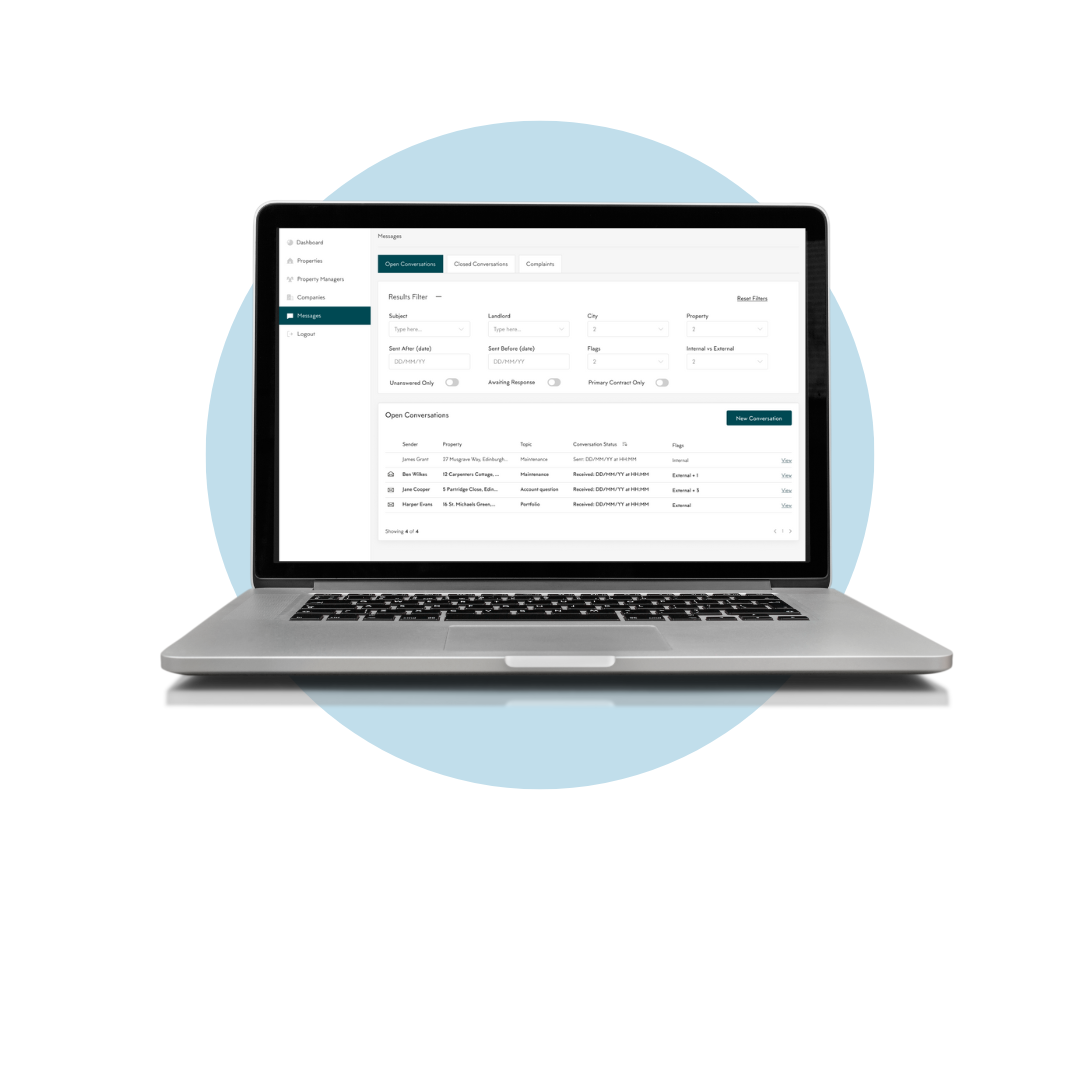 Laptop displaying a user interface with a sidebar menu and filters, set against a light blue circle background.