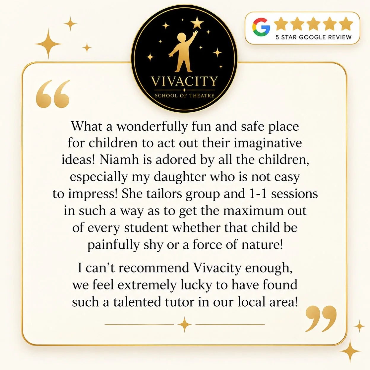 ⭐️⭐️⭐️⭐️⭐️ We&rsquo;re a 5-star rated theatre school on Google!

And reviews like this are exactly why we love what we do 🥹✨

Creating a space where children feel safe, confident and completely free to be themselves is at the heart of Vivacity. Whet
