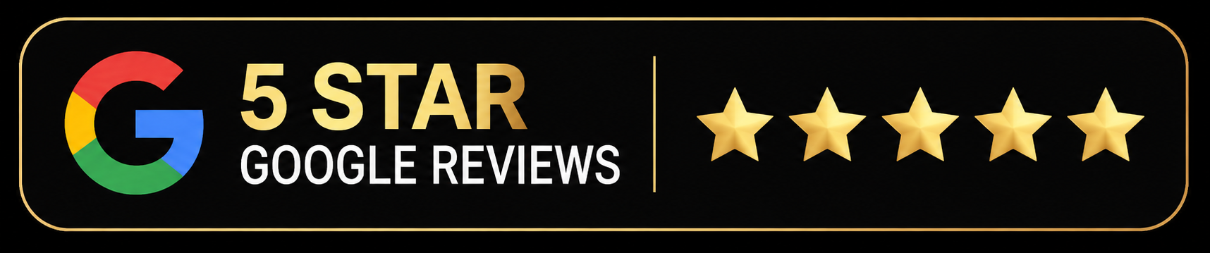 Google logo next to text indicating a 5-star Google review rating with five gold stars on a black background
