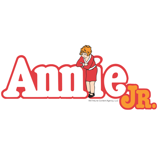 A logo with the name 'Annie JR.' featuring a cartoon girl with curly red hair, wearing a red and white dress, leaning on the text.
