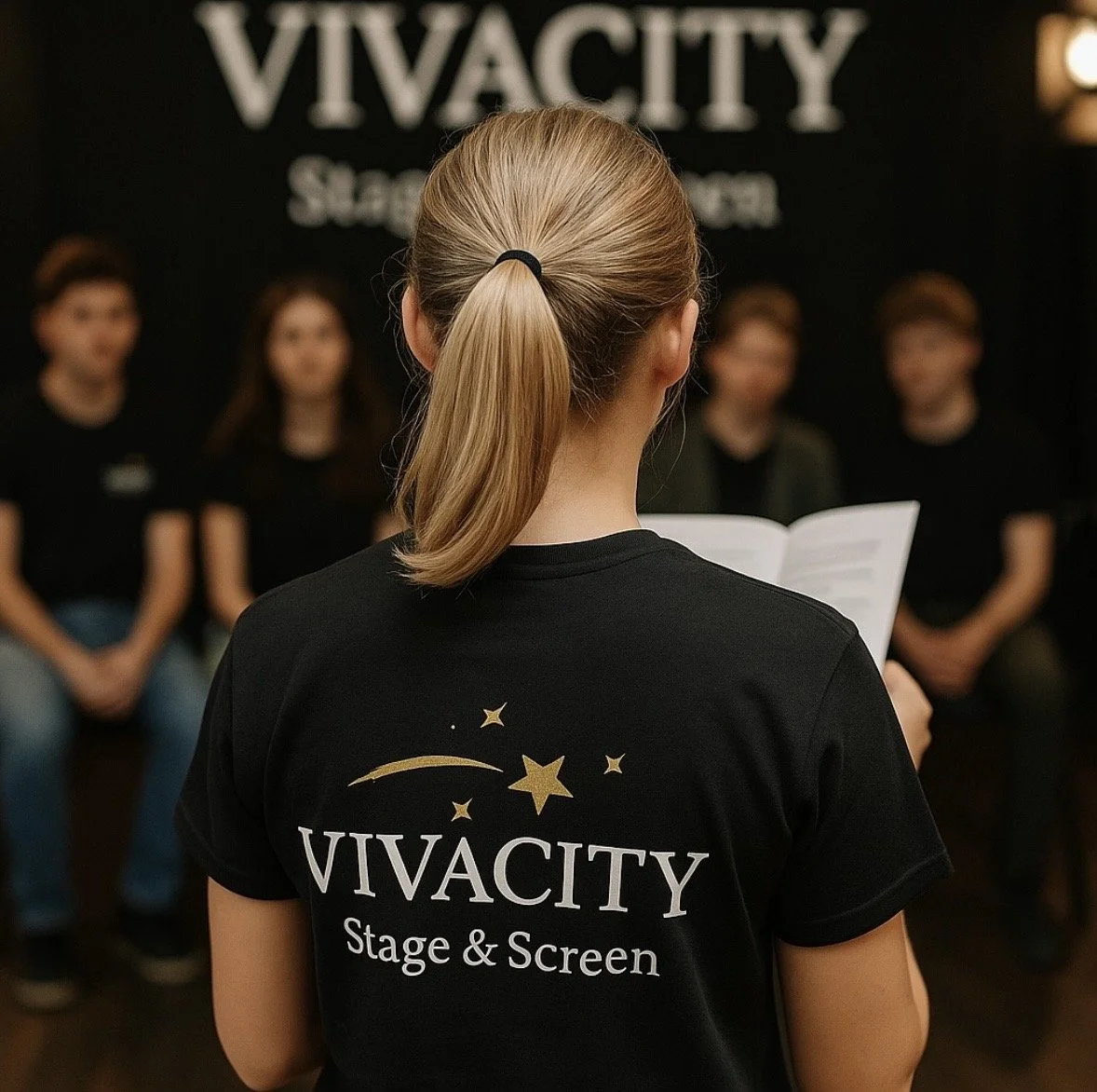 A woman with blonde hair tied in a ponytail, wearing a black T-shirt with the logo 'VIVACITY Stage & Screen,' is reading from a script in front of an audience of four people during a theater or acting class.