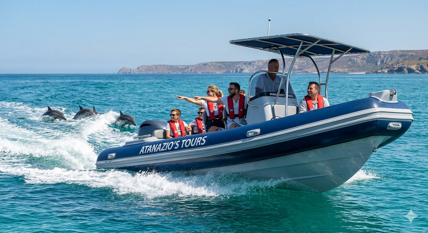 Tour boat labeled 'Atanazio's Tours' on the water with four dolphins swimming nearby and a person pointing at the dolphins.