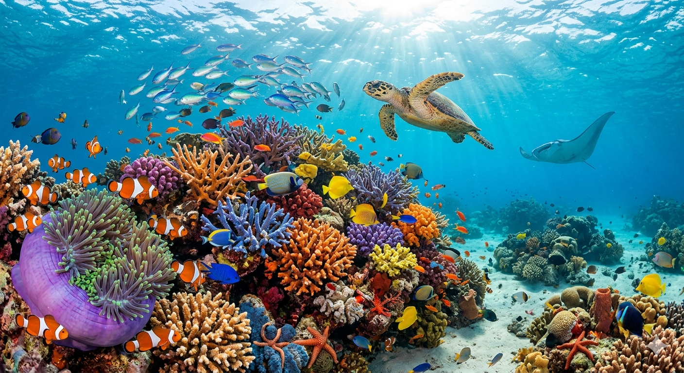 Underwater coral reef with colorful corals, clownfish, a sea turtle, a manta ray, and various small fish swimming around.