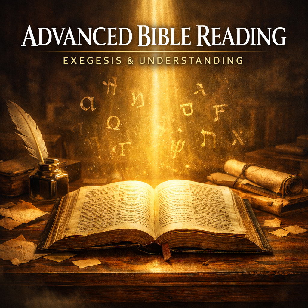 Cover of a book titled 'Advanced Bible Reading: Exegesis & Understanding' with an open Bible on a wooden table surrounded by scattered papers, a quill in inkwell, and rolled scrolls, with golden symbols and light emanating from the pages.