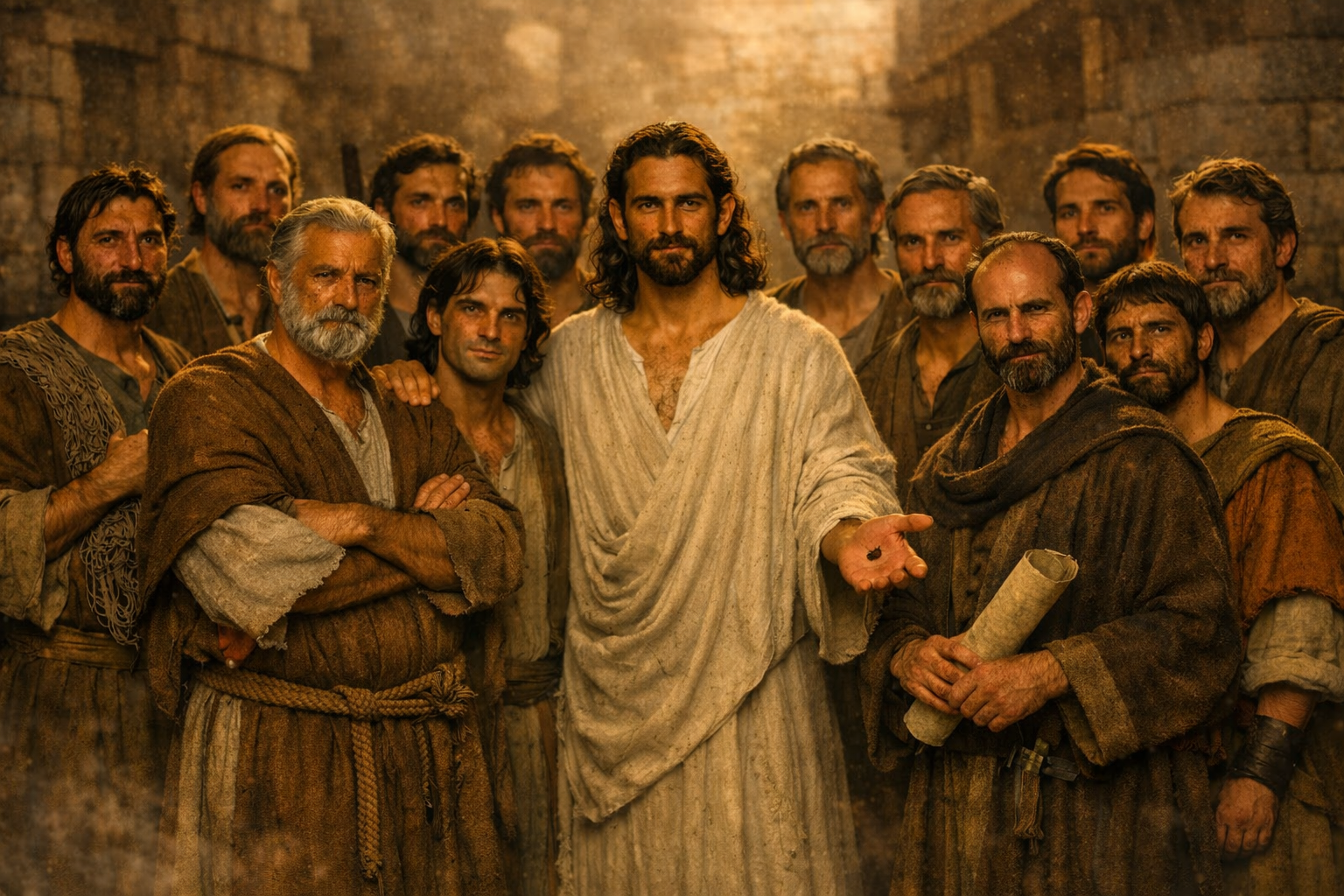 A man dressed in white robes, resembling Jesus Christ, stands in the center with a group of men in ancient attire around him, inside a stone-walled room.