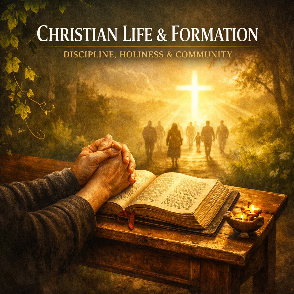 A person praying with hands clasped over an open Bible on a wooden table, with small lit candles. Background shows a glowing cross and a group of people walking toward it on a path surrounded by trees.