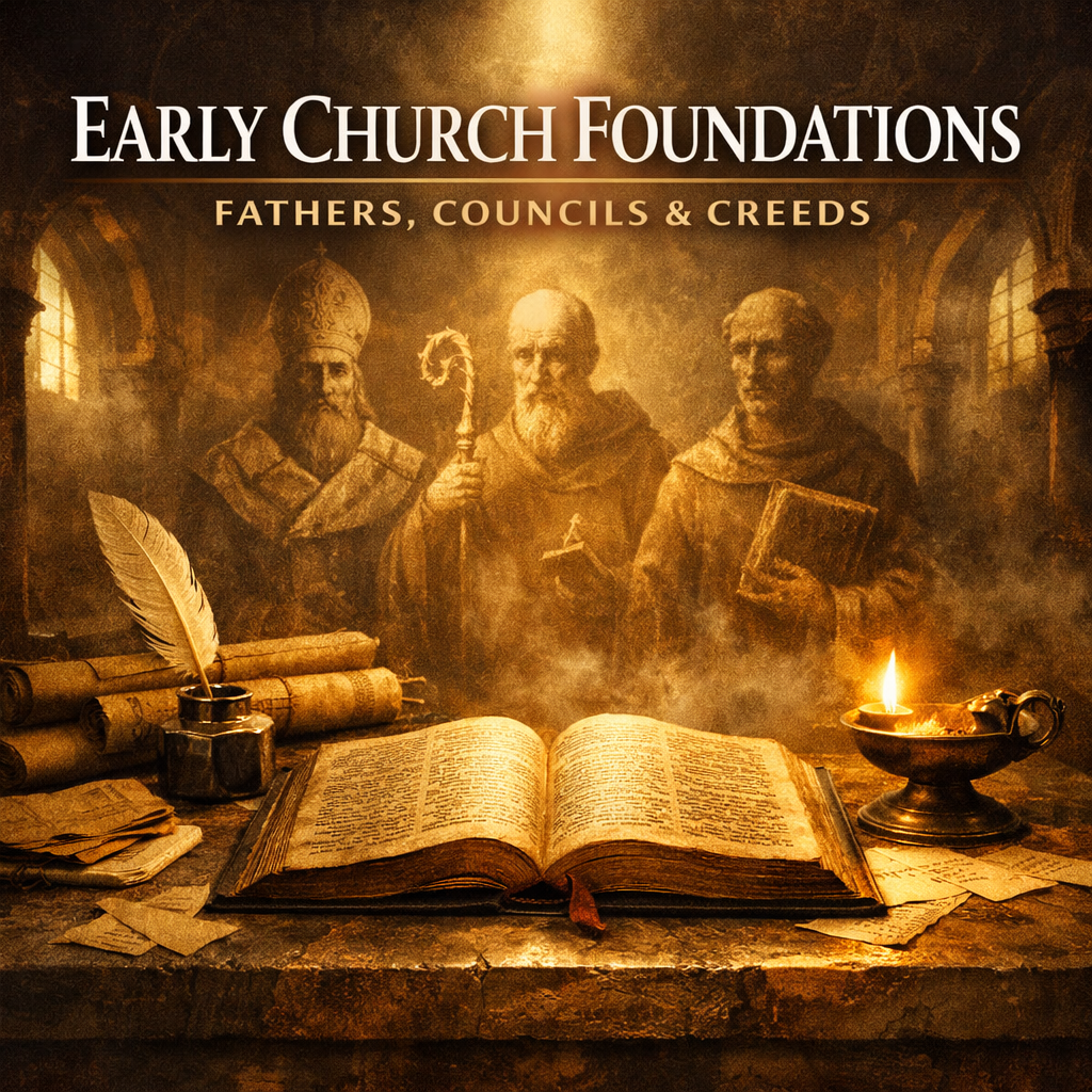 Cover image for a book titled 'Early Church Foundations: Fathers, Councils & Creeds' featuring an open ancient book, scrolls, a quill in an inkpot, and a lit oil lamp on a table. In the background, there are illustrations of three early church fathers.