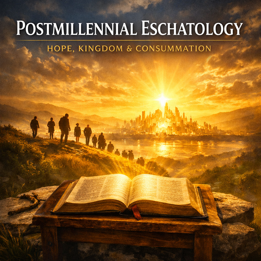 An open Bible on a wooden table with a scenic sunset over a city skyline and a group of people walking along a hill in the background.