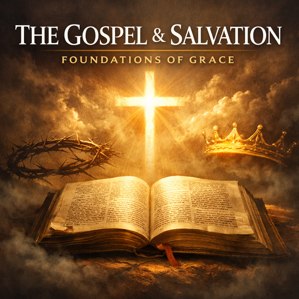Book of the Bible open with glowing cross and crown, surrounded by clouds, with the title 'The Gospel & Salvation: Foundations of Grace' at the top.