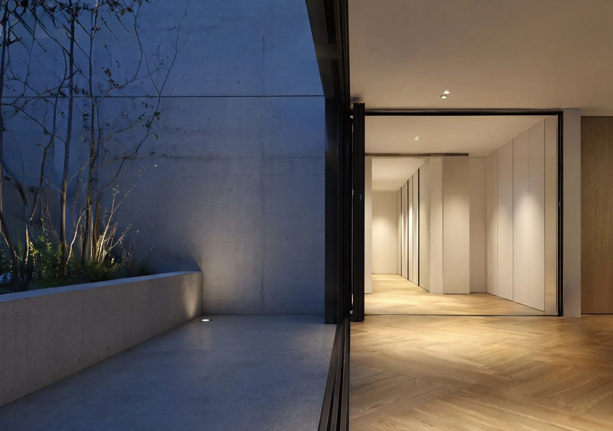 Interior view of a modern building with a hallway, wooden flooring, and a wall with vertical panels, illuminated by recessed ceiling lights. Outside, visible through a large glass window or door, is a small garden or outdoor space with a concrete planter, a leafless tree, and minimal lighting.