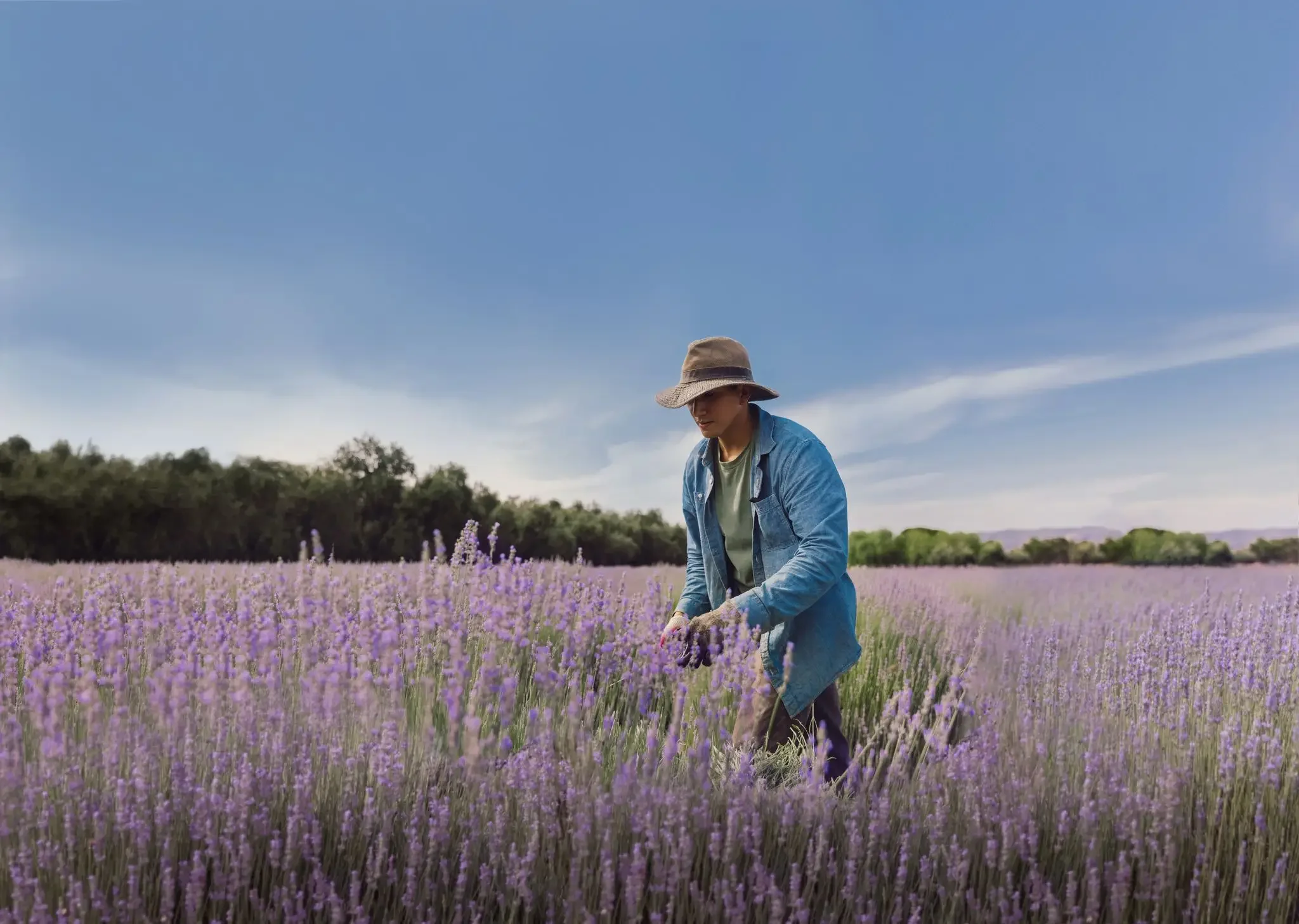 Vrouw oogst lavendel in een veld met paarse bloemen onder een blauwe lucht.