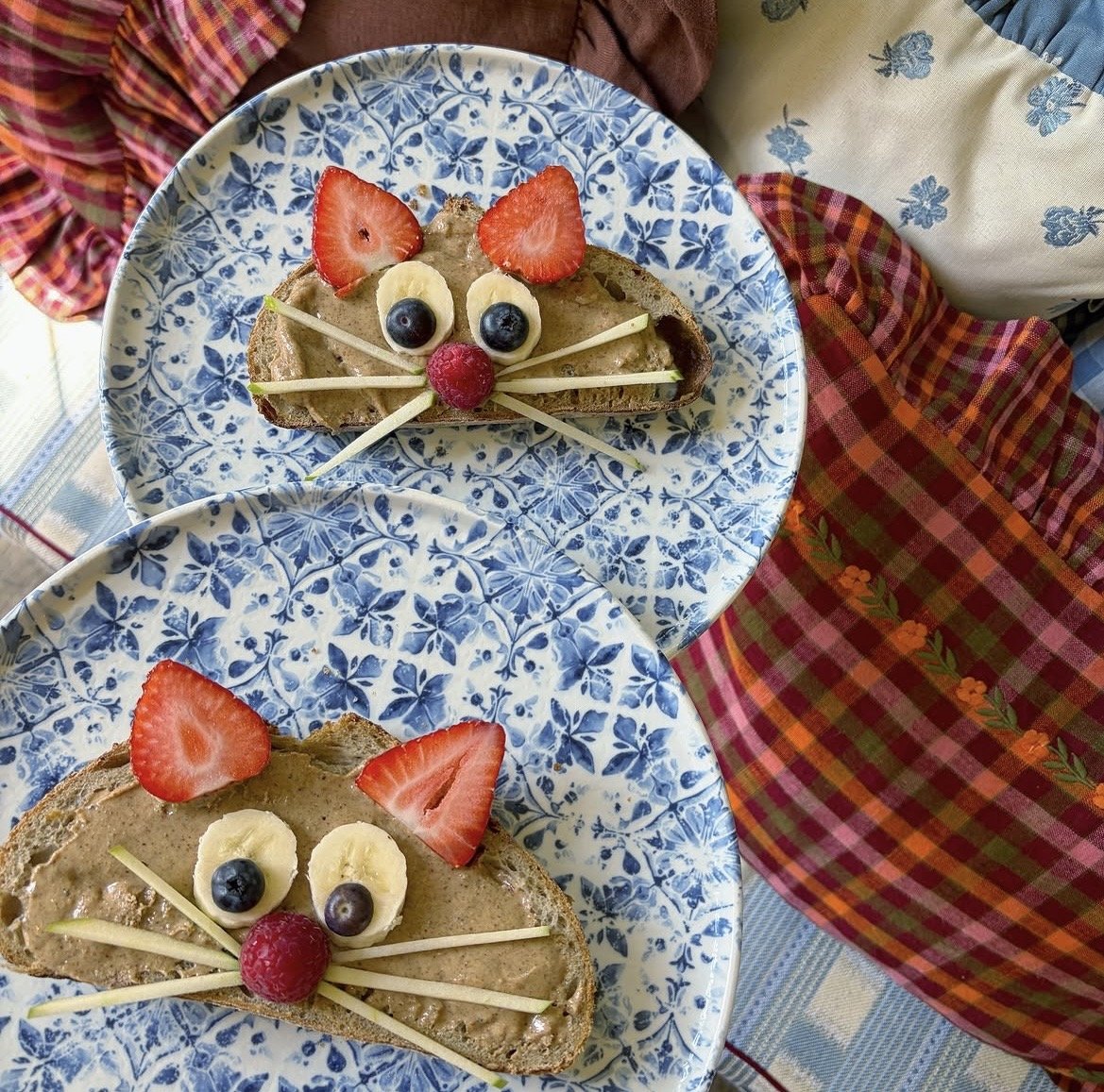 Twee sneetjes brood met een kattengezicht gemaakt van fruit en chocolade, op blauwe en witte patronen borden, met een kleurrijk tafelkleed ernaast.