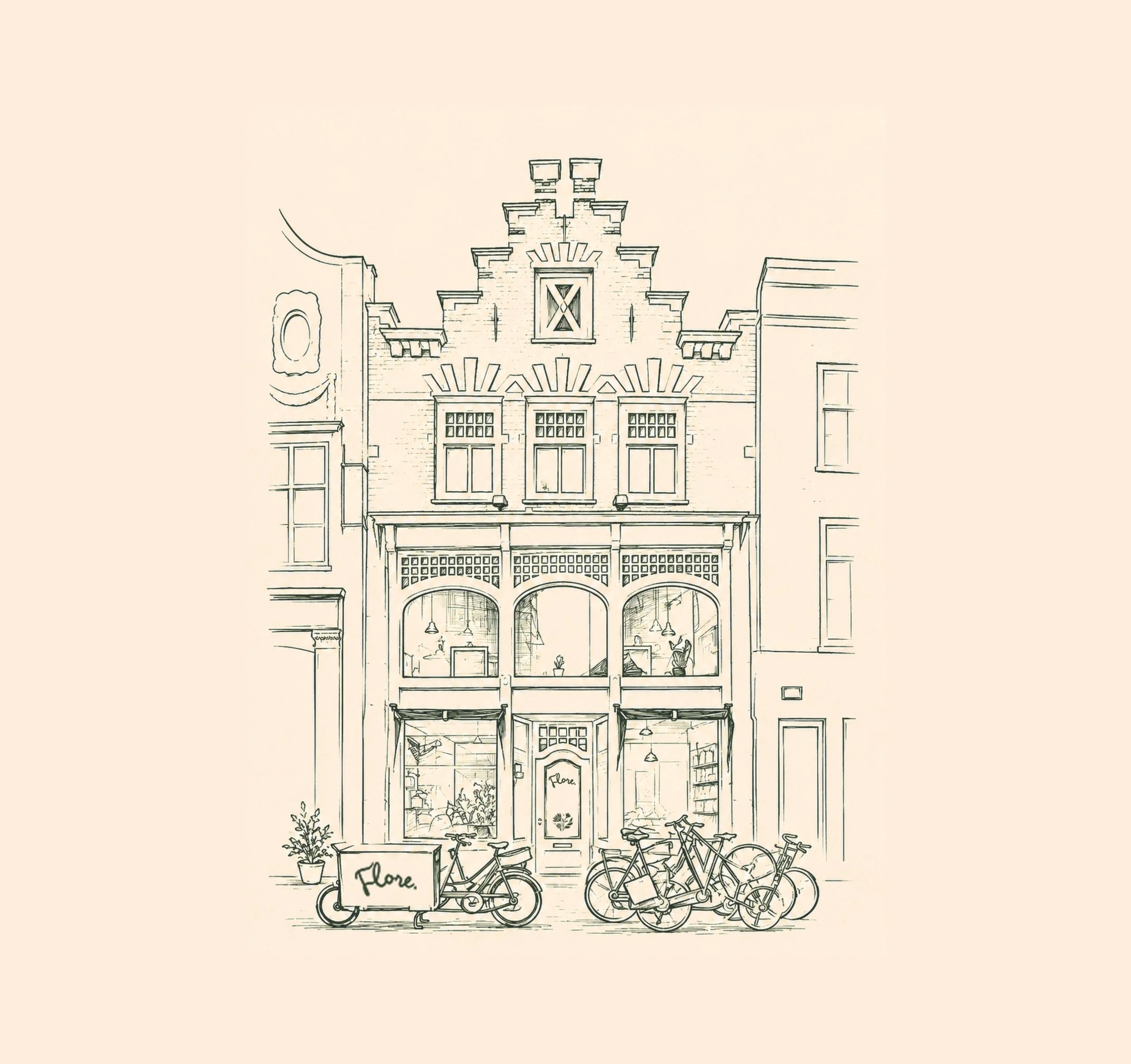 Illustratie van een gezellige winkelstraat met een gevel van een winkel met de naam 'Flore', fietsen voor de ingang, planten op de stoep, en een interieur dat zichtbaar is door de grote ramen.