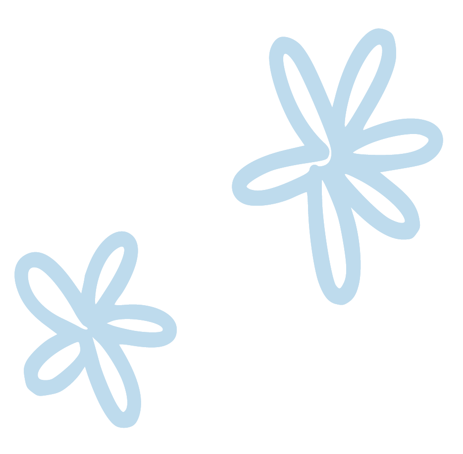 Twee blauwachtige bloemillustraties op een zwarte achtergrond.
