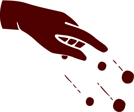 Een tekening van een hand die zout of steentjes neust, met stippen die eruit kunnen rollen.