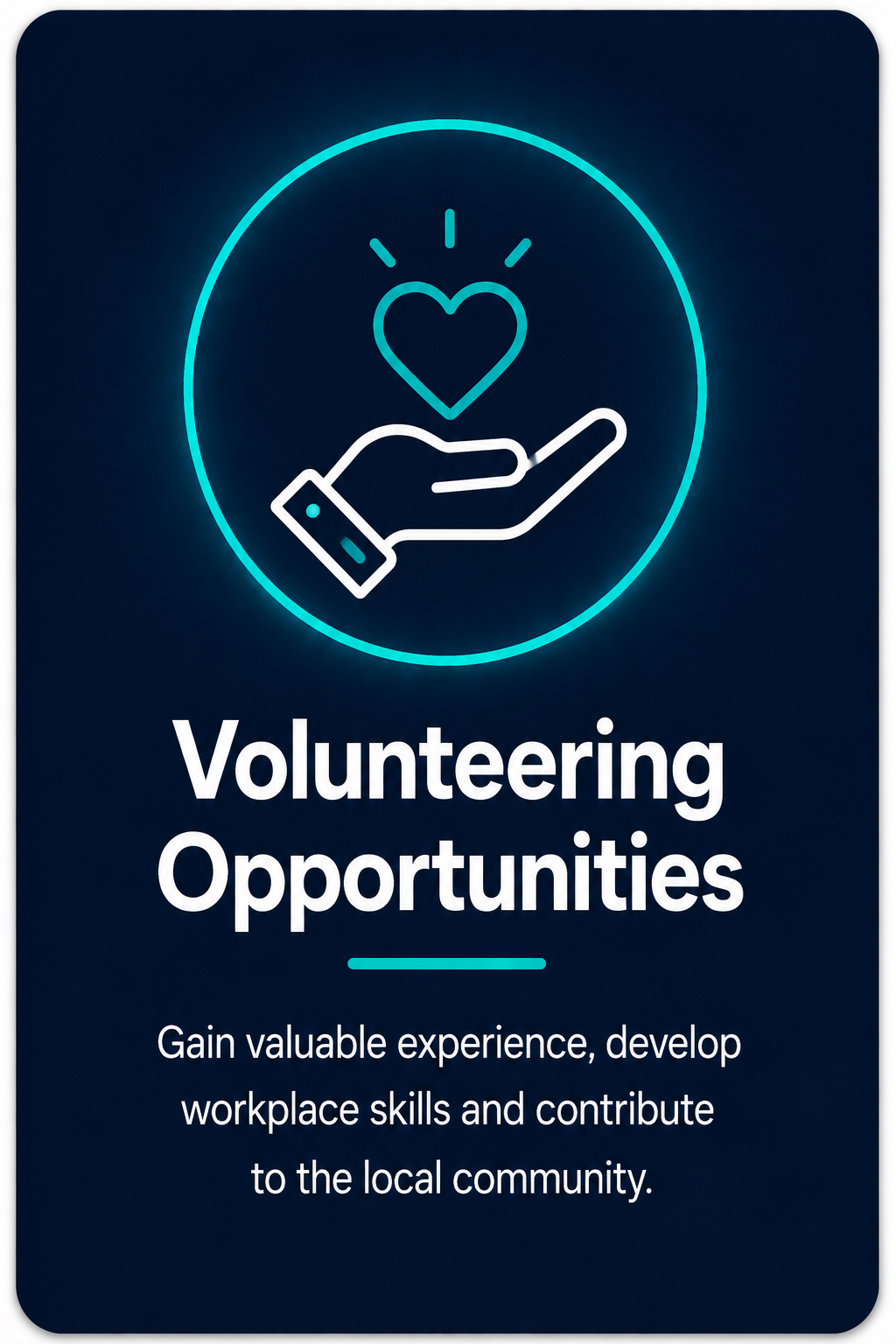 Neon sign indicating volunteering opportunities with a hand holding a heart and the words 'Volunteering Opportunities' and a message about gaining experience and contributing to the community.