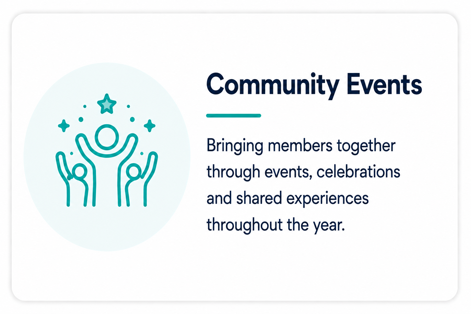Illustration of three people with raised arms and stars above them, symbolizing community celebrations, next to text about community events and sharing experiences