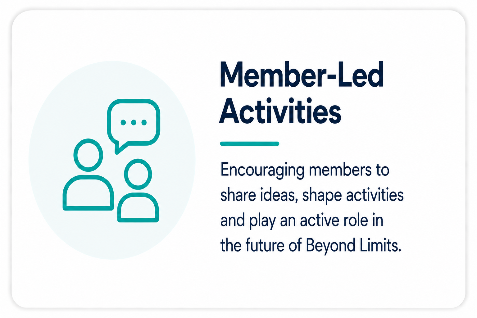 Illustration of two people with speech bubbles, alongside text about member-led activities and sharing ideas.