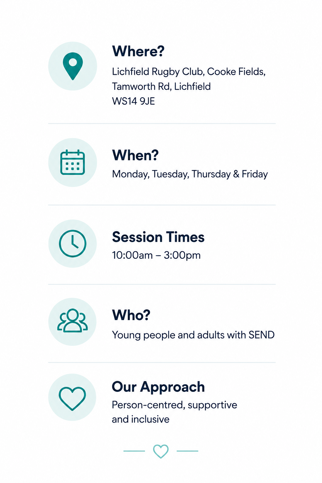 Event flyer with details about a rugby session at Lichfield Rugby Club, Cooke Fields, Lichfield, including days, times, target audience, and approach.