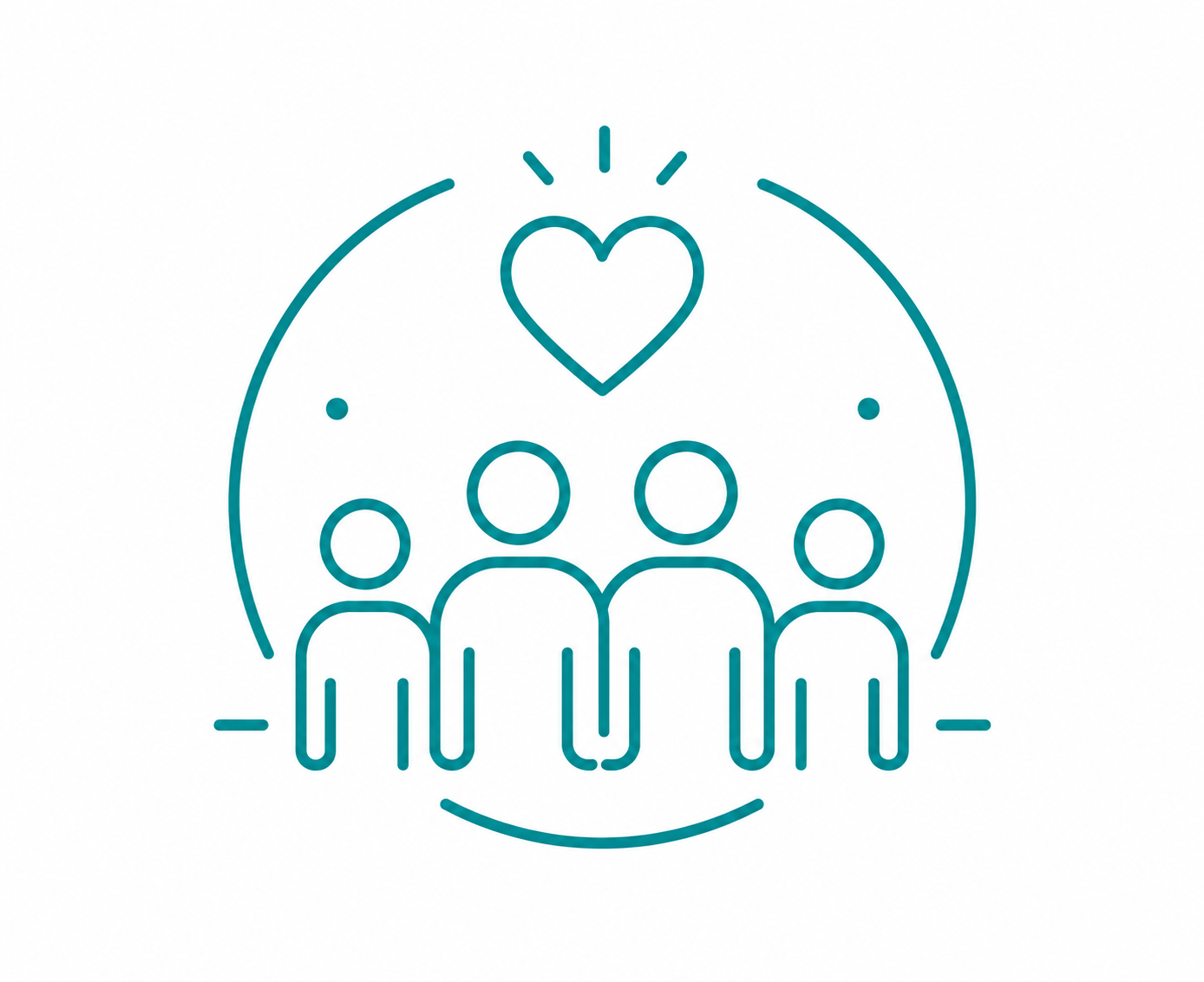 Line drawing of four people standing together with a large heart above them and small dots around, indicating love or community.