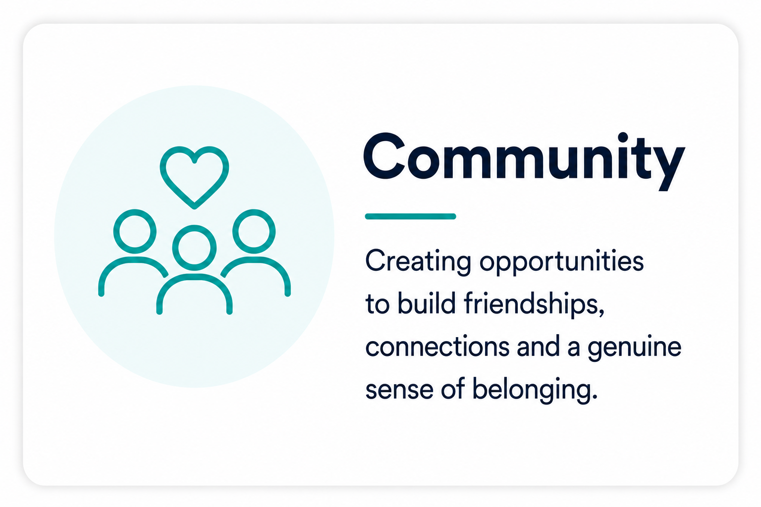 Illustration of four people with a heart above them, symbolizing community, with text about creating opportunities to build friendships, connections, and a sense of belonging.