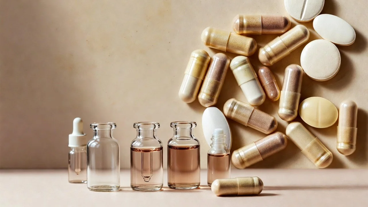 Verschiedene Medikamente, darunter Tabletten, Kapseln und Fläschchen, auf einer Oberseite. Die Fläschchen sind teilweise offen, mit Pipetten. Die Medikamente sind in neutralen Farben gehalten.