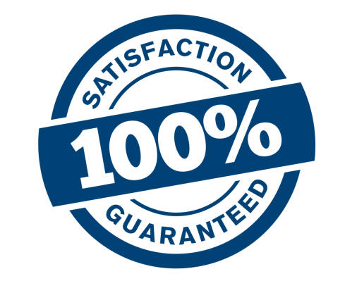 Blue and white circular badge with the text "100% Satisfaction Guaranteed" in the center.