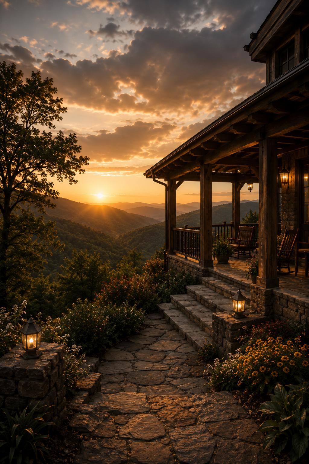 A stone pathway leads to a wooden porch on a mountain cabin at sunset, with lantern lights illuminating the steps and porch, surrounded by gardens and overlooking a valley and distant mountains.