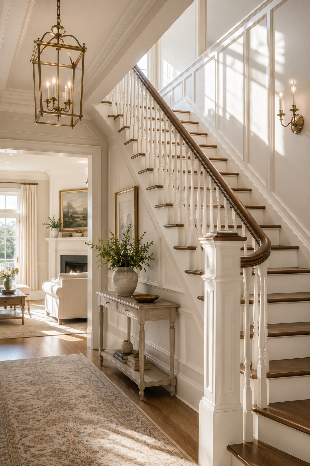 Bright hallway with staircase, chandelier, wall sconce, and decor, leading to a living room with fireplace and large window.