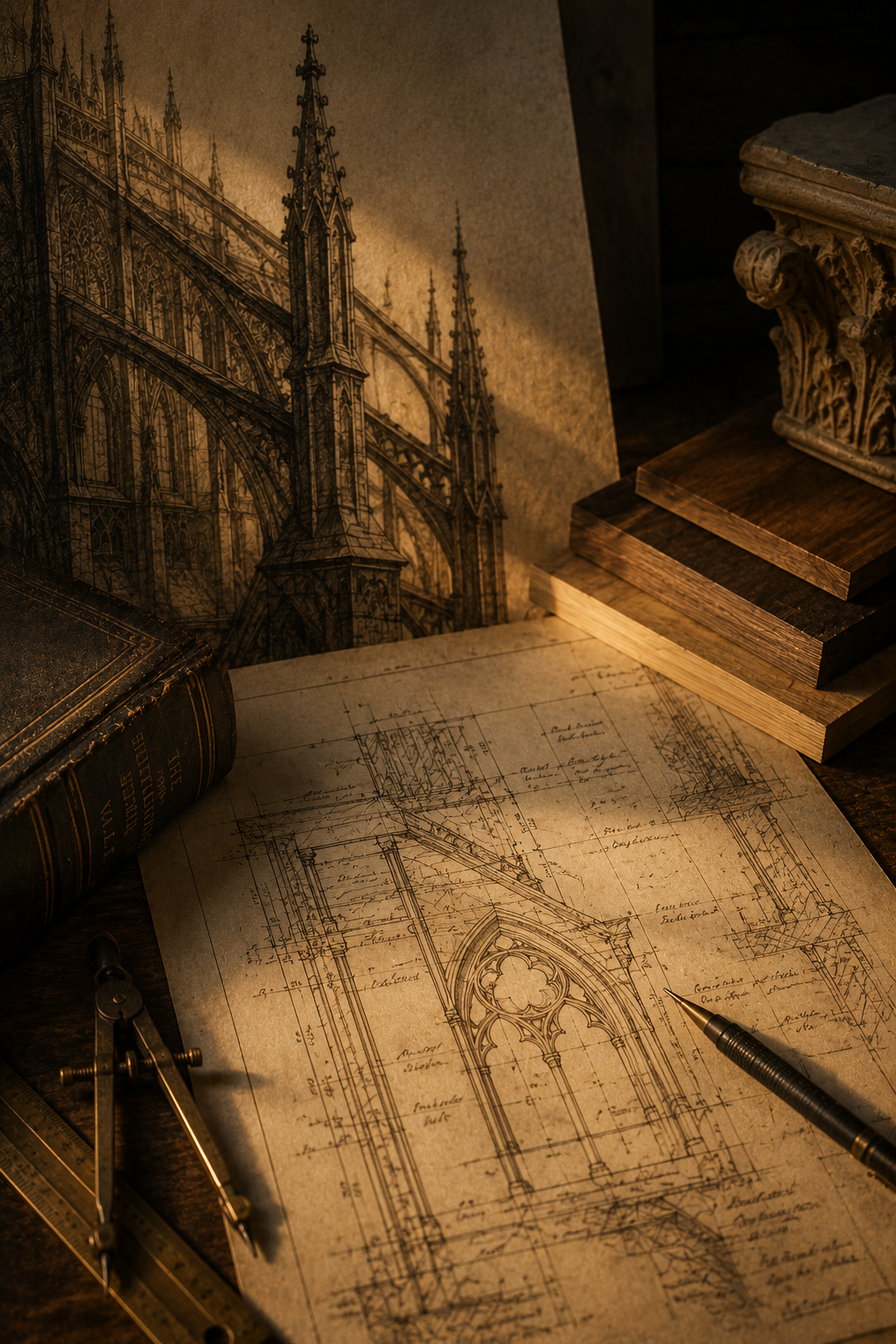 Architectural blueprints and sketches of a Gothic cathedral with detailed towers and spires, surrounded by drawing tools and antique books on a dark wooden desk.