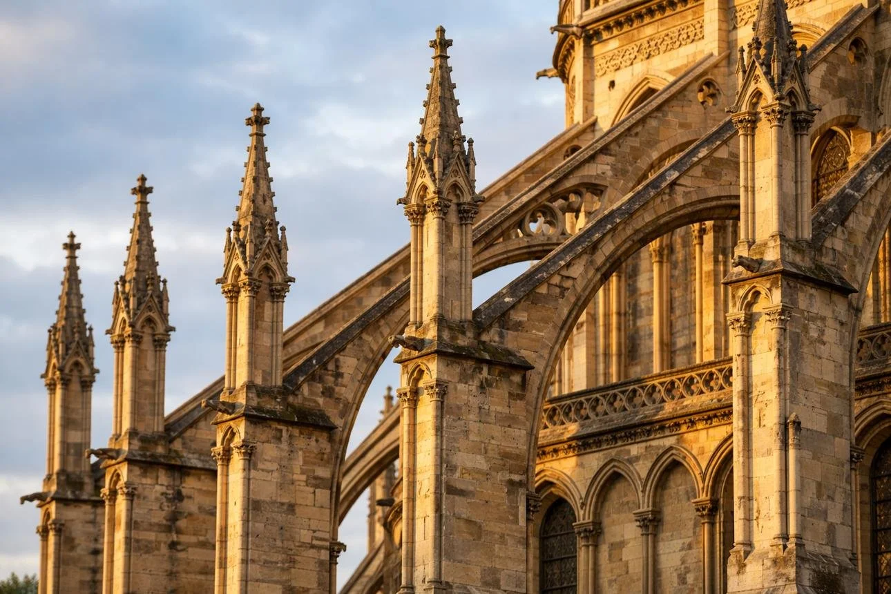 Close-up of the Gothic spires and ornate stone architecture of a historic cathedral, illuminated by warm sunset light, with cloudy sky in the background.