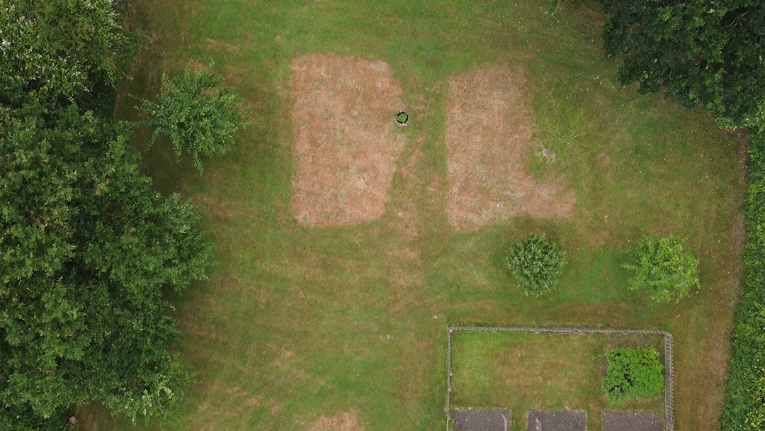 An aerial view of a backyard with two rectangular patches of dead grass, a patch of healthy green grass, and several trees.
